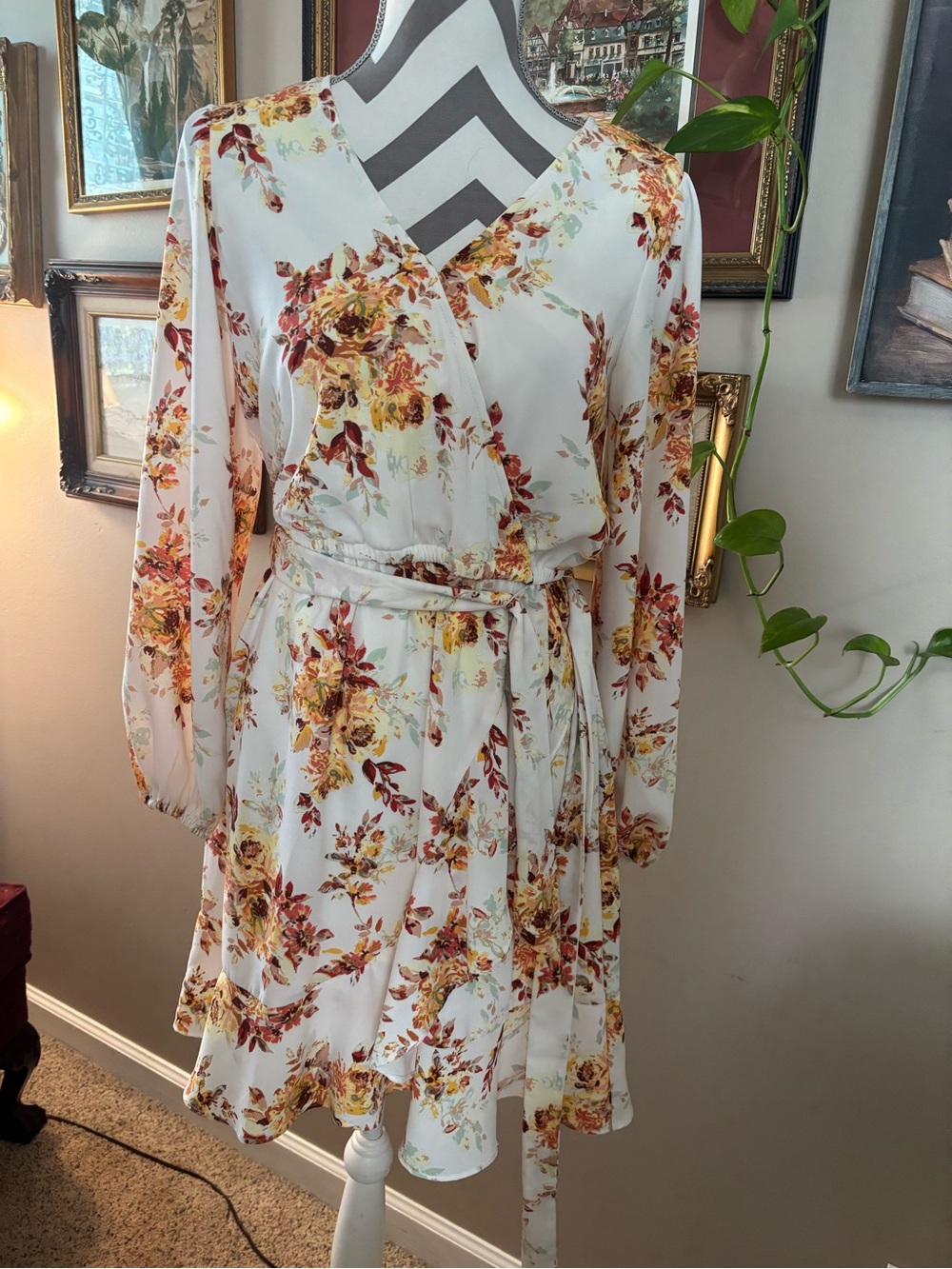 LC Lauren Conrad Cream Floral Long Sleeve Wrap Dress with Yellow & Rust Accents